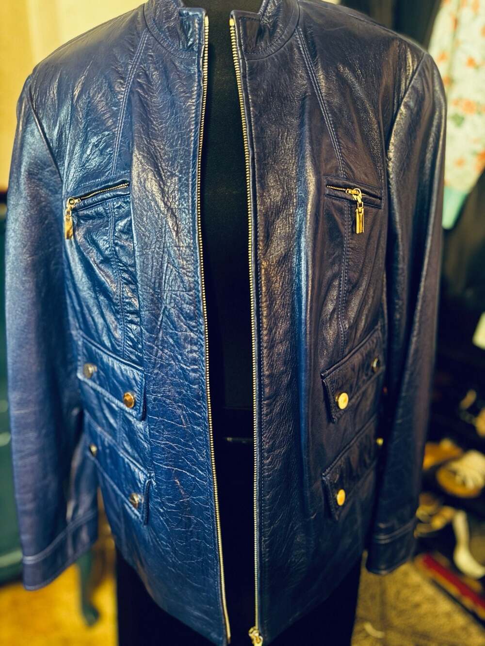 Doncaster Sport Blue Leather Zip-Up Utility Jacket with Gold Hardware